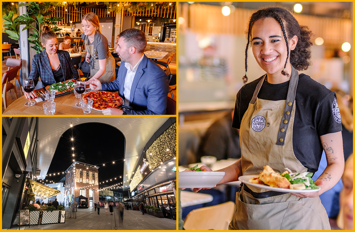 Customers at Pizza Express, the Cheltenham Brewery Quarter at night